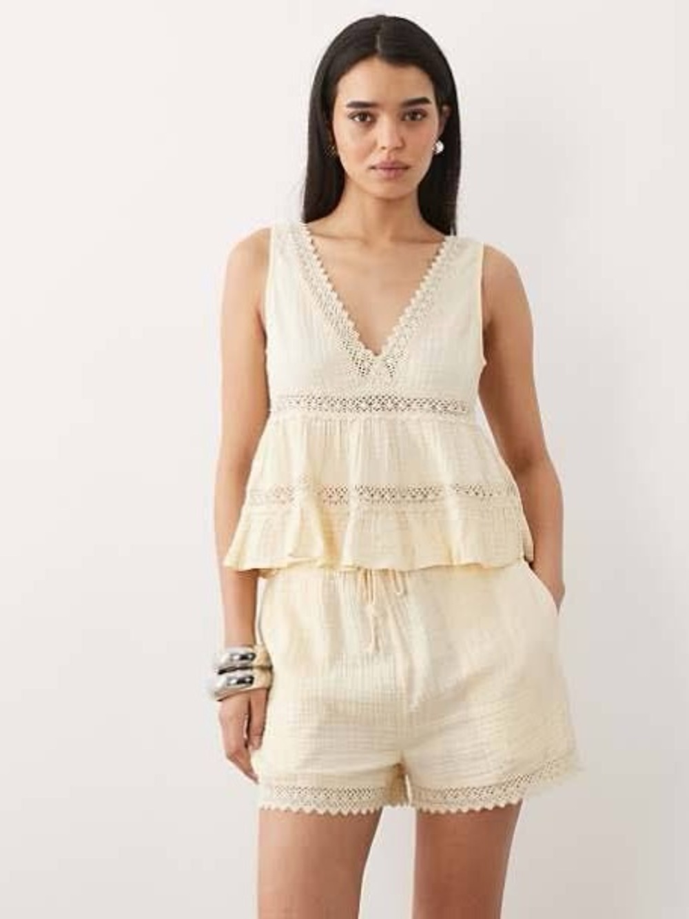Zara Cream Crochet-Trim Sleeveless Top & Shorts Set